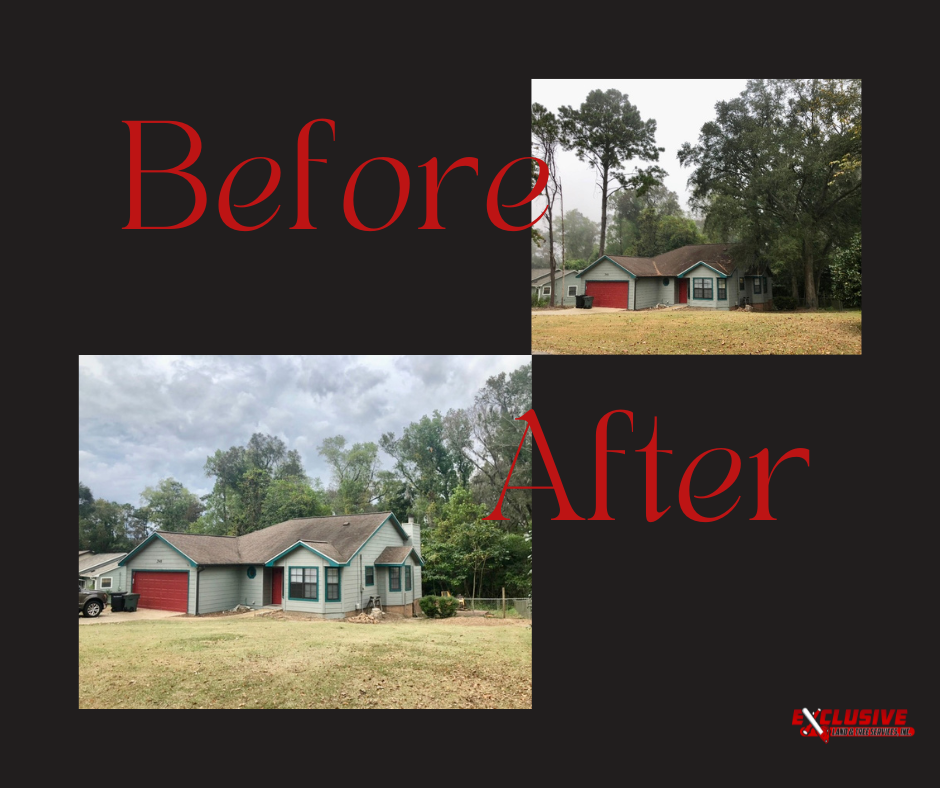 Before and after of a house. Grey siding with a red door, set in a grassy area.