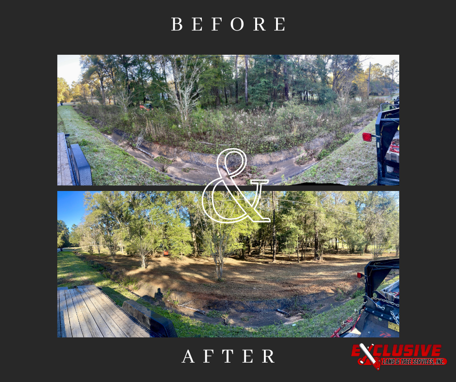 Before & after of a ditch clearing. Top shows overgrown ditch, bottom shows the cleared ditch. Green grass, trees.