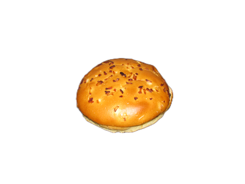 A close up of a hamburger bun on a white background