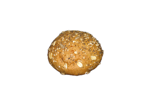 A close up of a bread roll with grains on a white background