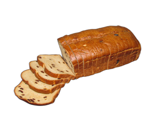 A loaf of raisin bread that has been sliced