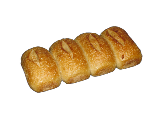 Four loaves of bread are lined up in a row on a white background