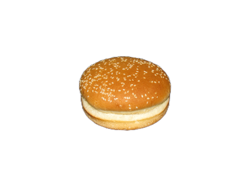 A hamburger bun with sesame seeds on it on a white background