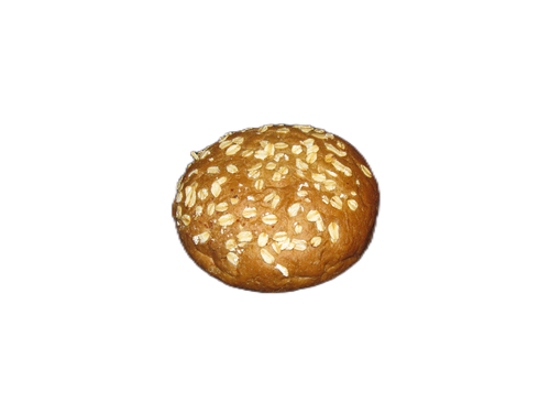 A close up of a bun with sesame seeds on a white background.