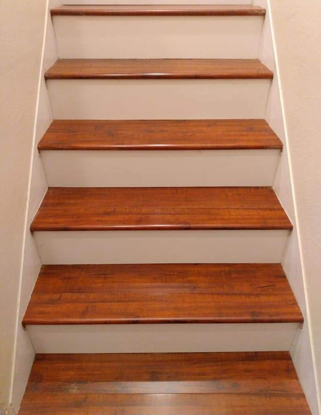 A set of wooden stairs with white risers in a room.