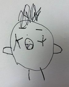 Child's drawing of a face with spikey hari
