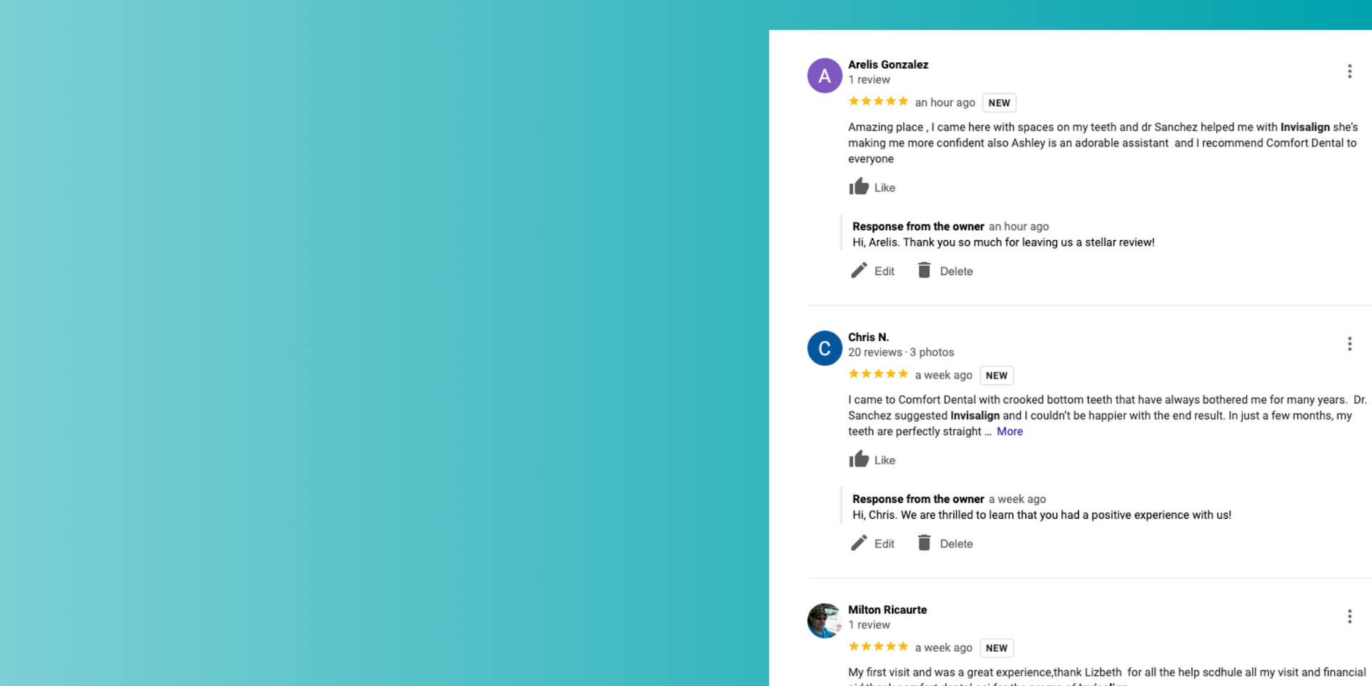 a blue background with Google reviews from Comfort Dental displayed. 
