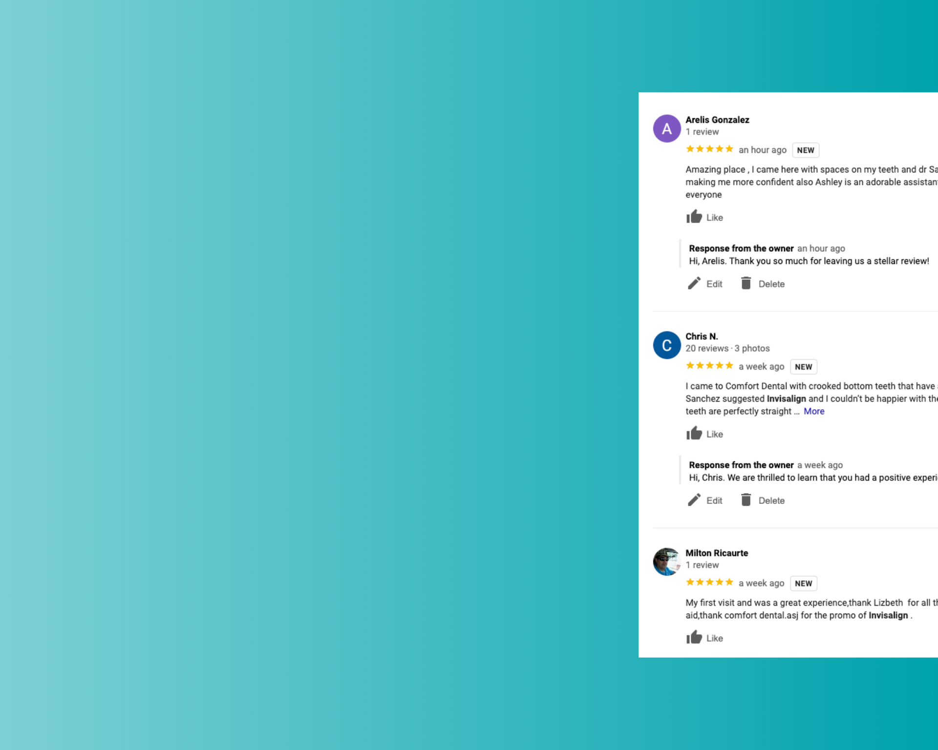 a screenshot of a Google Reviews with a blue background .