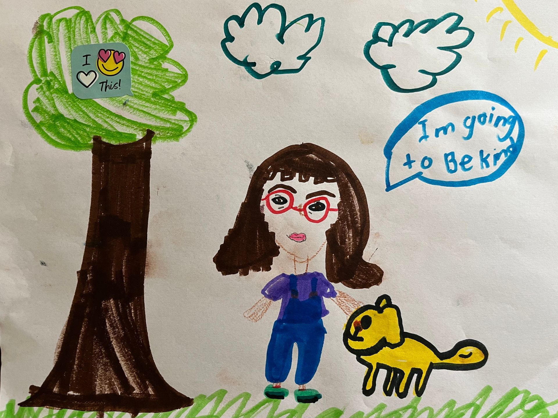 A child 's drawing of a girl and a dog with the words i 'm going to be known