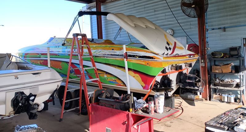 Boat getting serviced at Gregor's Marine service and repair center.