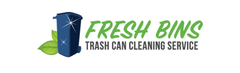 Logo for Fresh Bins, a trash can cleaning service. Features a blue trash can with sparkles, green leaves, and green text.