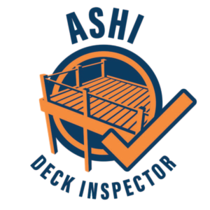 A blue and orange logo for ASHI deck inspector