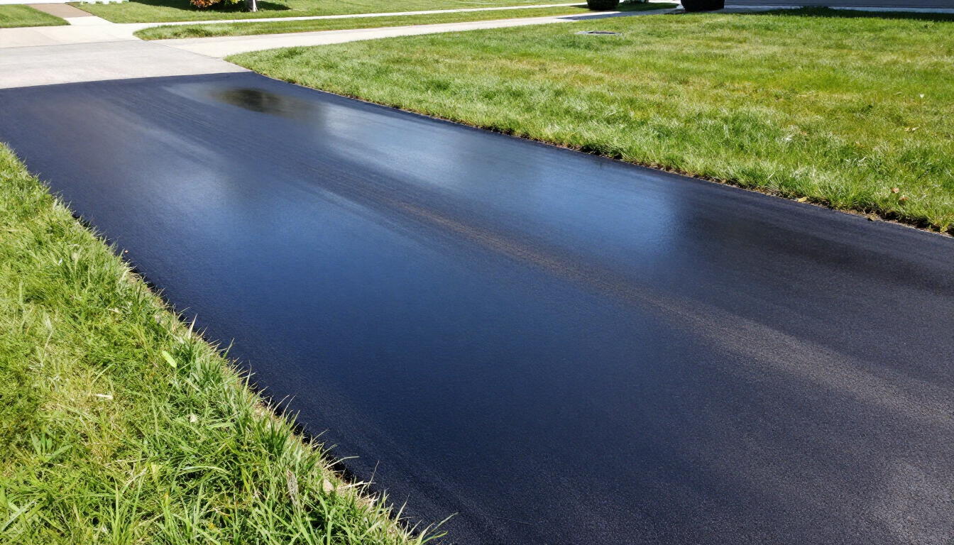 A professional applying eco-friendly black sealant on a residential asphalt driveway in Minnesota.