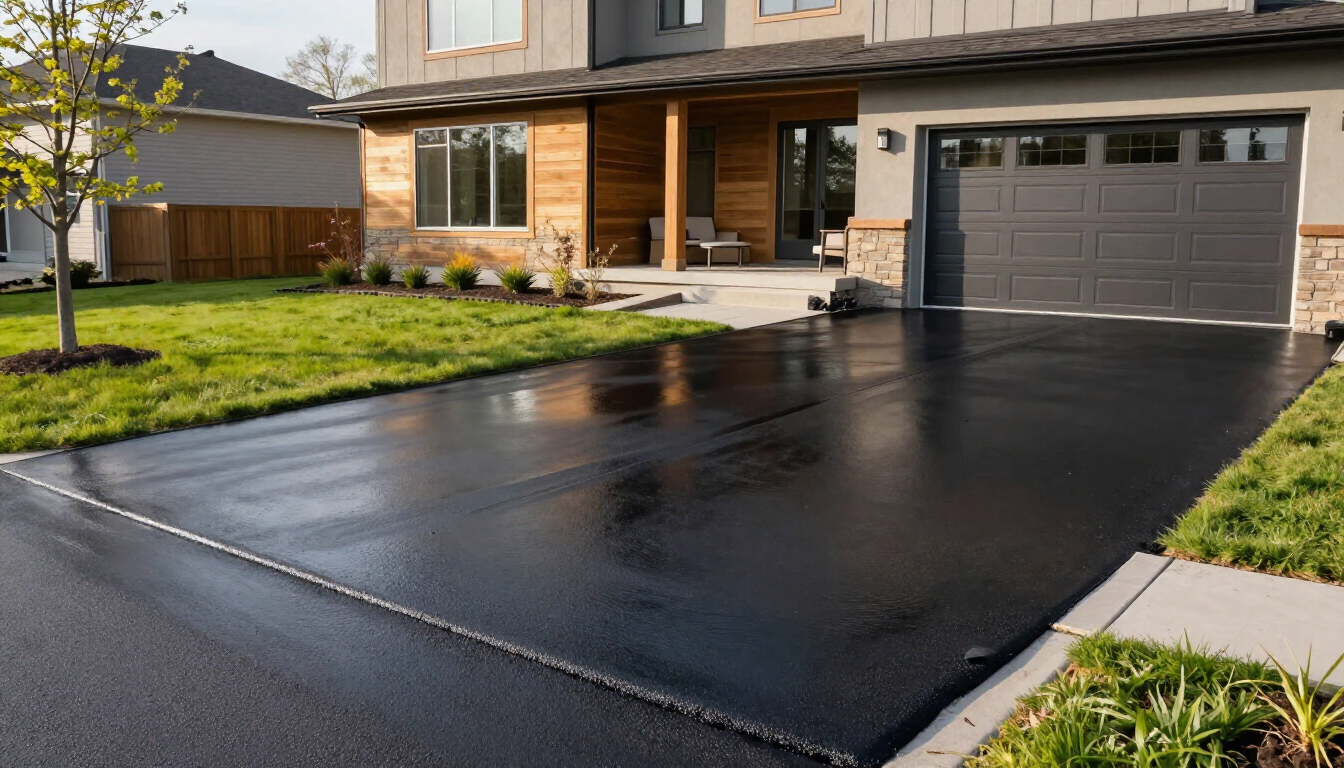 Close up of asphalt driveway maintenance showing fresh sealcoat application in spring