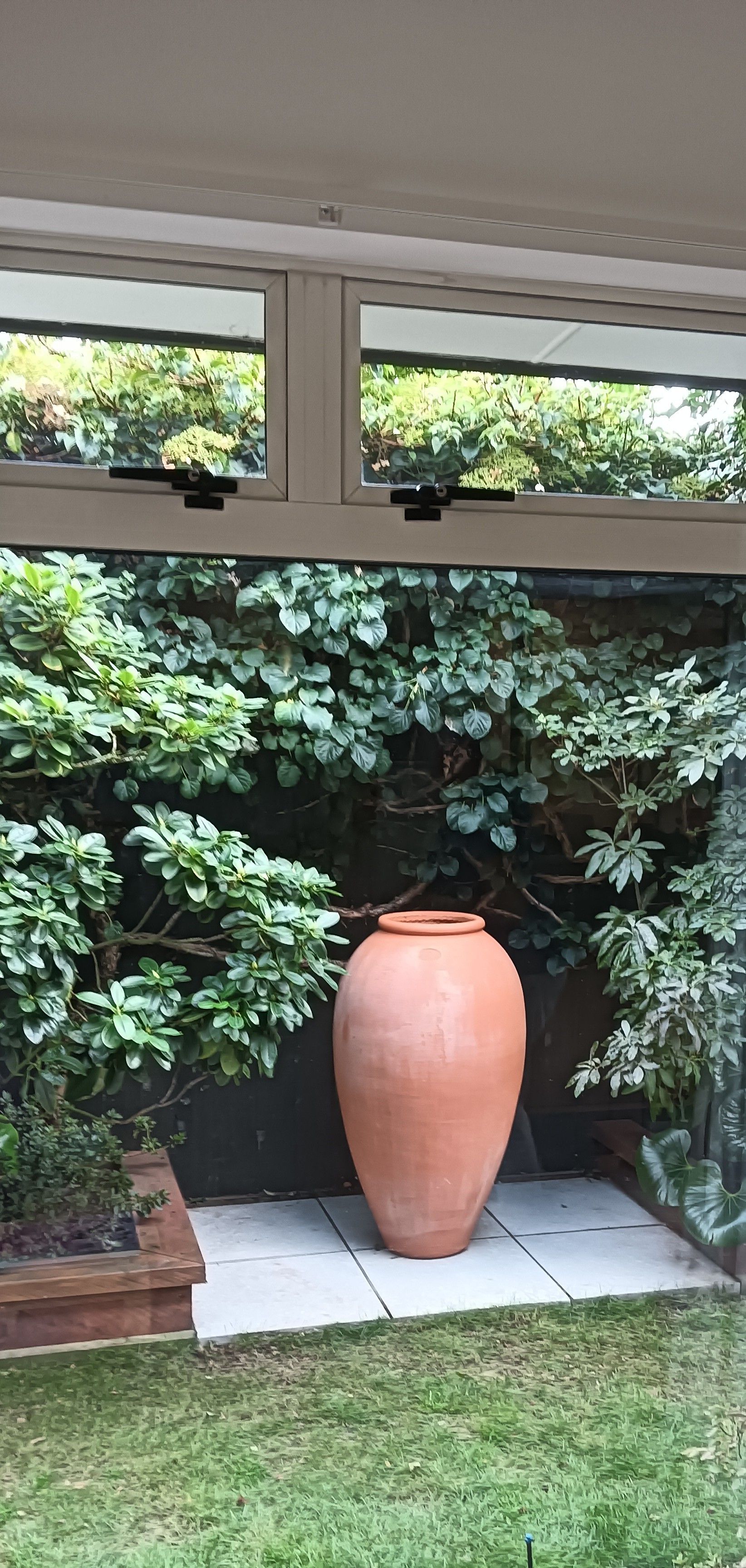 A large clay pot is sitting on a tiled floor in a garden.
