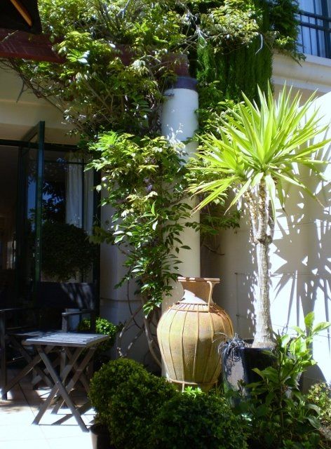 A large vase sits in the middle of a garden