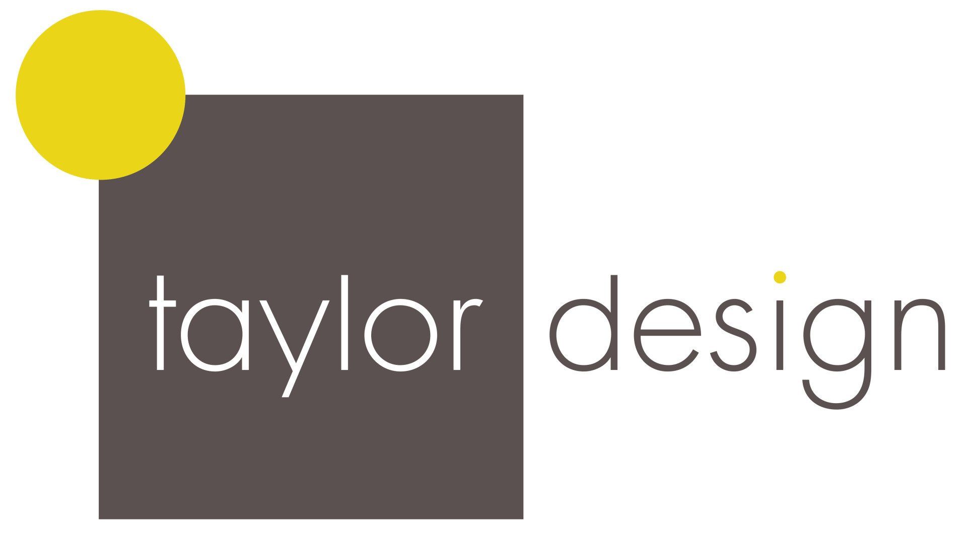 A logo for taylor design with a yellow circle in the middle