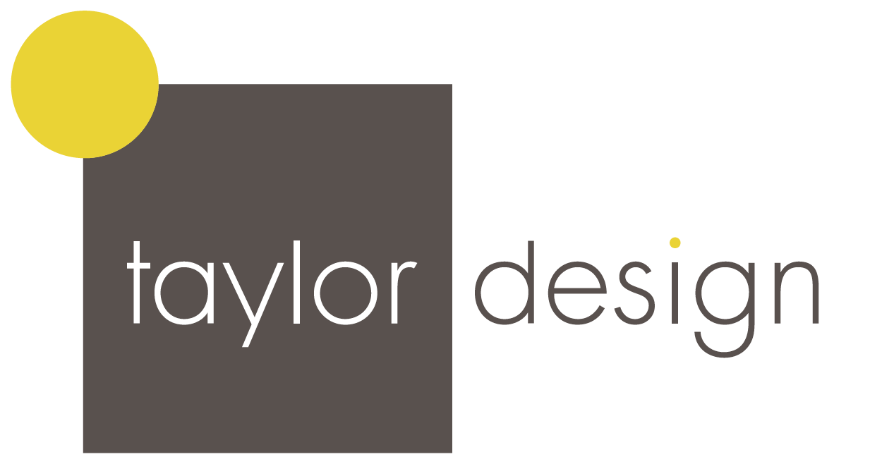 A logo for taylor design with a yellow circle in the middle