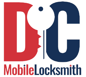 A red and blue logo for dc mobile locksmith