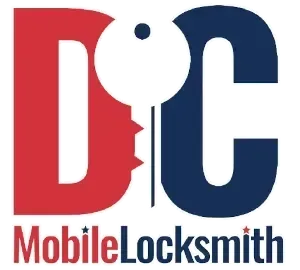 A red and blue logo for dc mobile locksmith