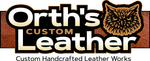Ornate gray logo with an owl in an oval, reading &ldquo;Orth&rsquo;s Custom Leather&rdquo; and &ldquo;Canal Fulton, Ohio&rdquo;