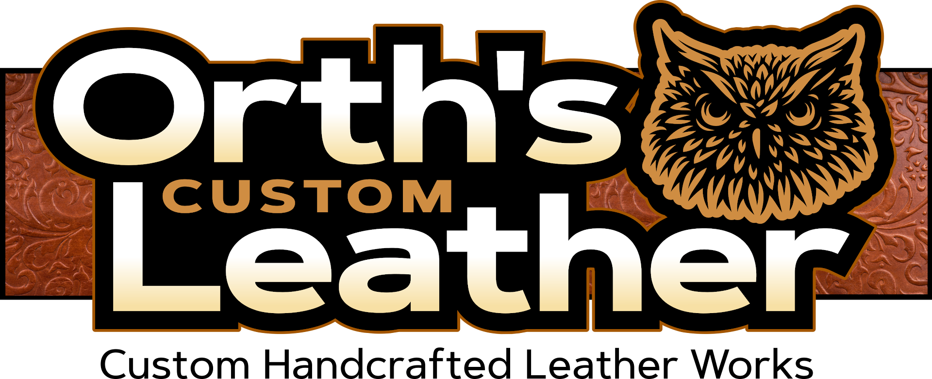 Orth’s Custom Leather logo with white owl in oval, tan background, Canal Fulton, Ohio