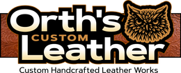 Orth’s Custom Leather logo with white owl in oval, tan background, Canal Fulton, Ohio