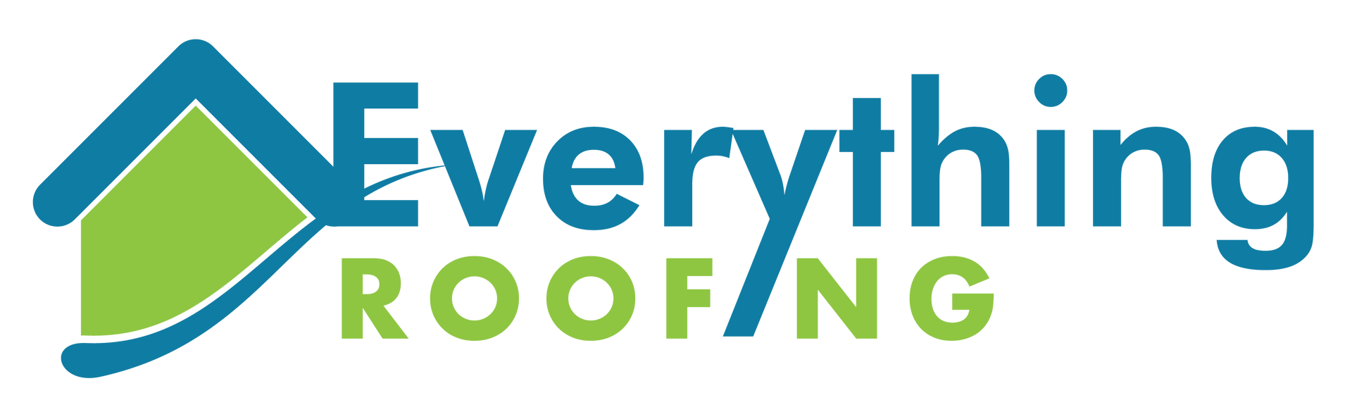 Logo for Everything Roofing, blue house outline with green roof and text in blue and green.