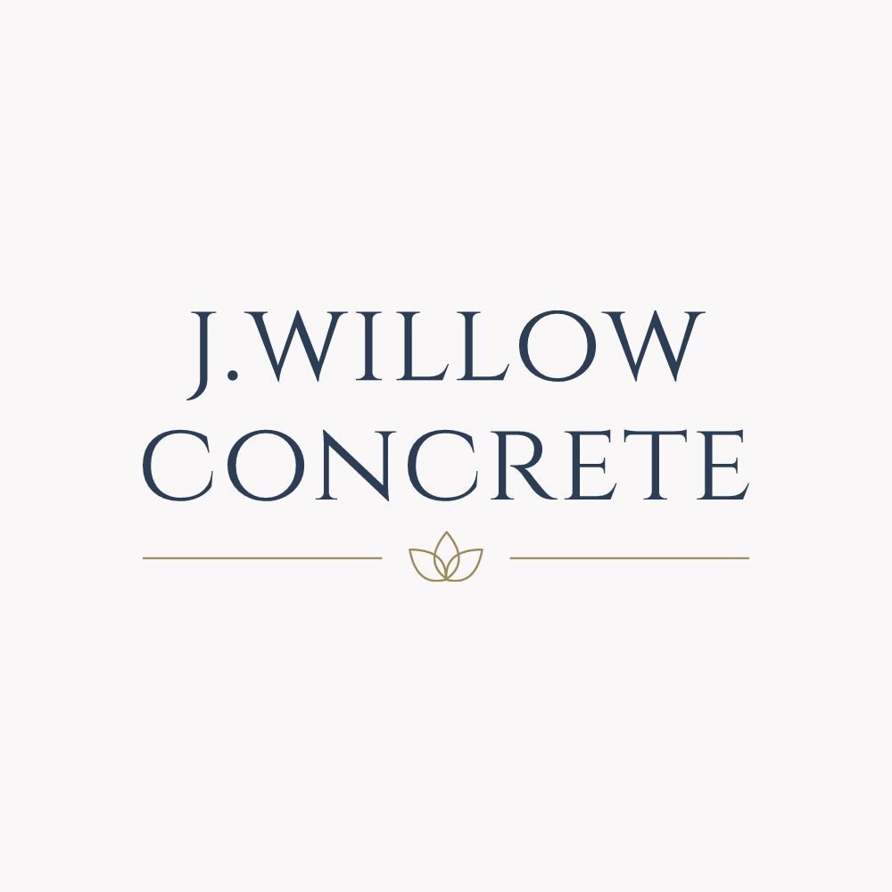J. Willow Concrete logo with navy text and gold floral emblem on a light peach background.