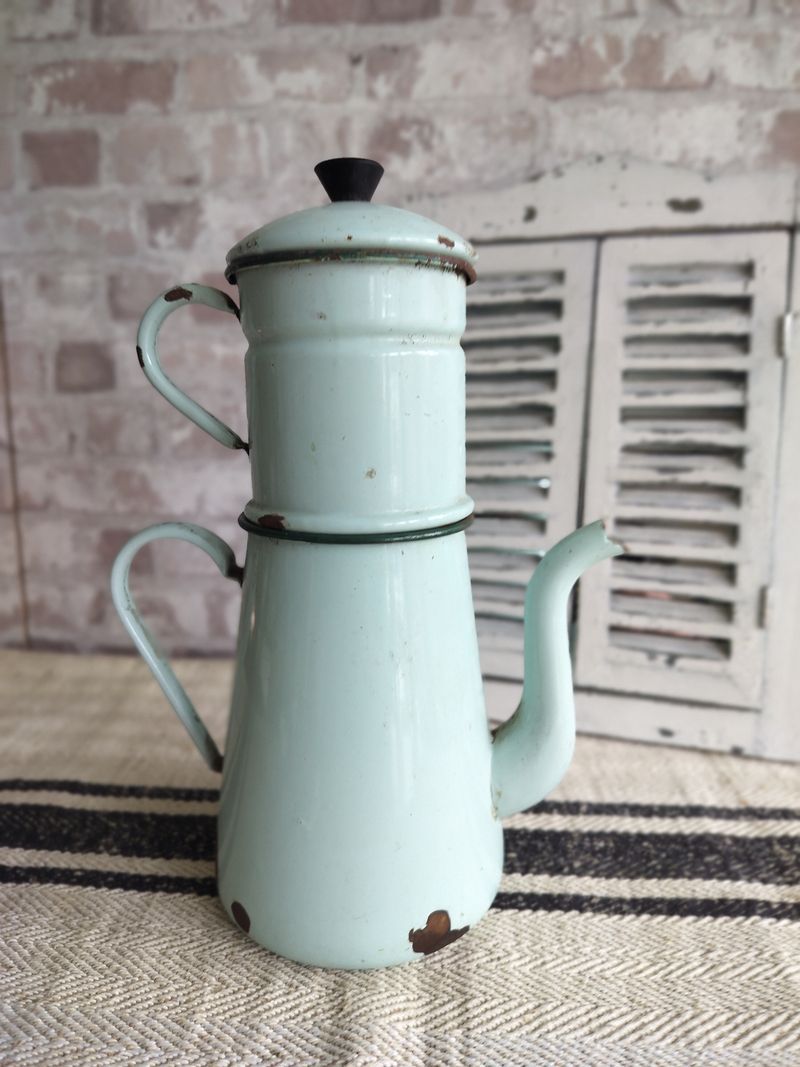 Vintage French Enamelware Coffee Pot, cheapest Blue Checkered pattern - c. 1920s