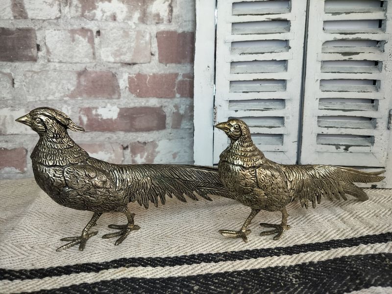 Two brass birds are standing next to each other on a rug.