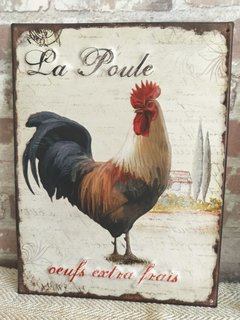 A sign with a rooster on it that says la poule