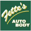 Fette's Auto Body logo in a green square. Features text in white and yellow, with a green curved line.