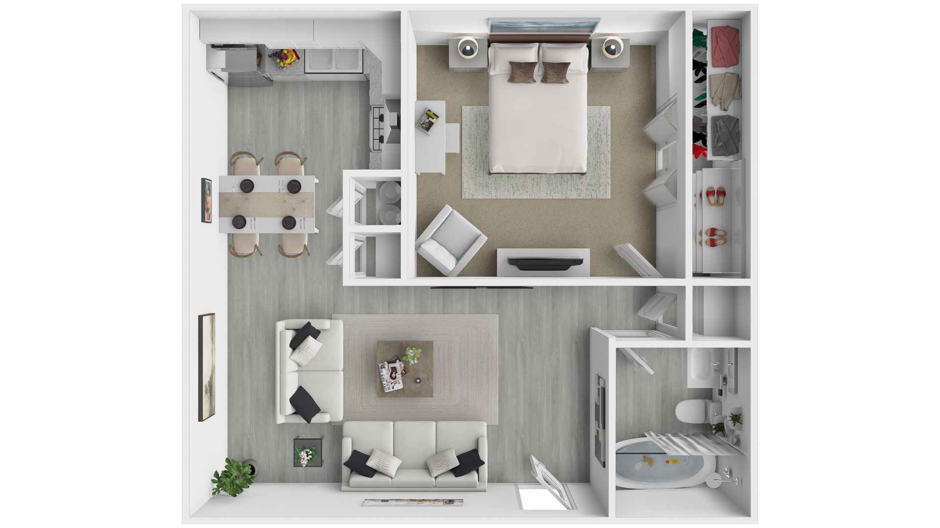 A 3d floor plan of a small apartment with a bedroom , living room , dining room , and bathroom.