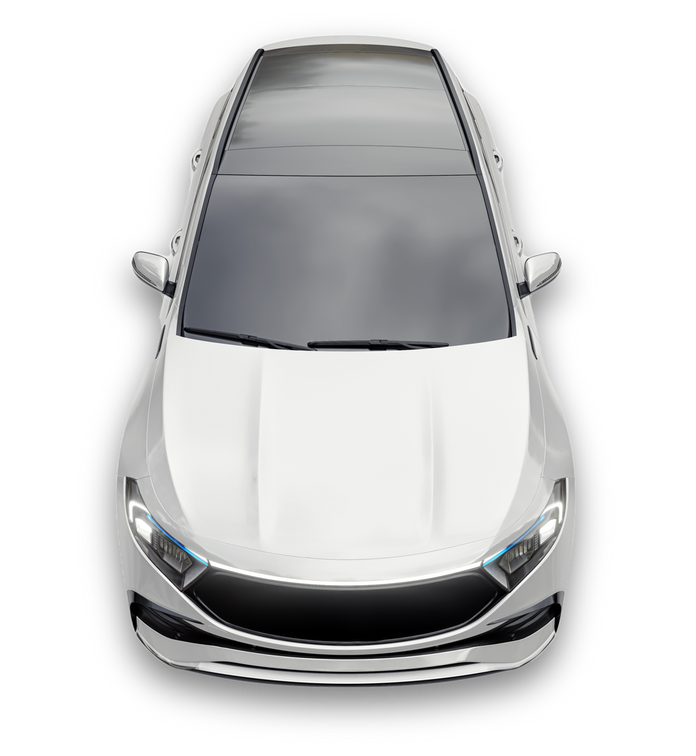 Top-down view of a white sedan car on a white background