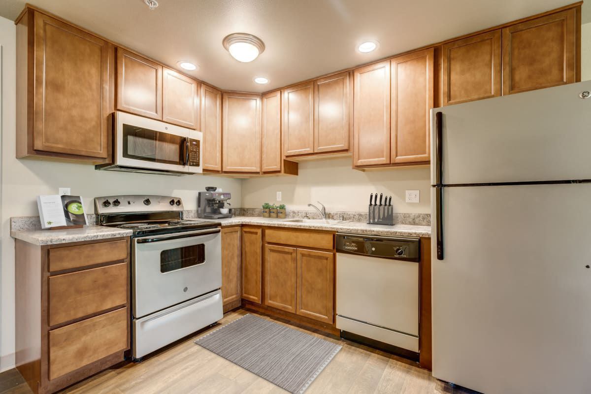 a kitchen with wooden cabinets , stainless steel appliances , and a refrigerator .
