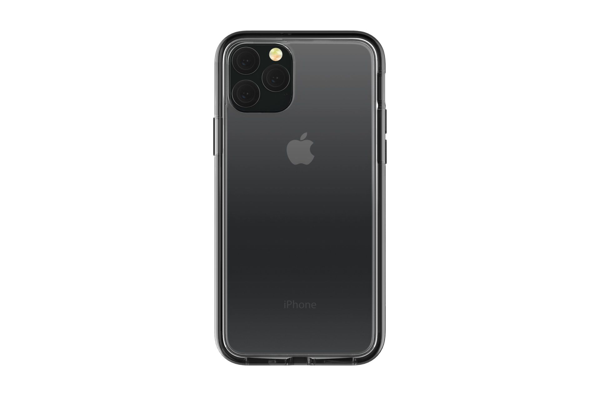 La parte trasera de un iPhone 11 Pro negro con una funda transparente.