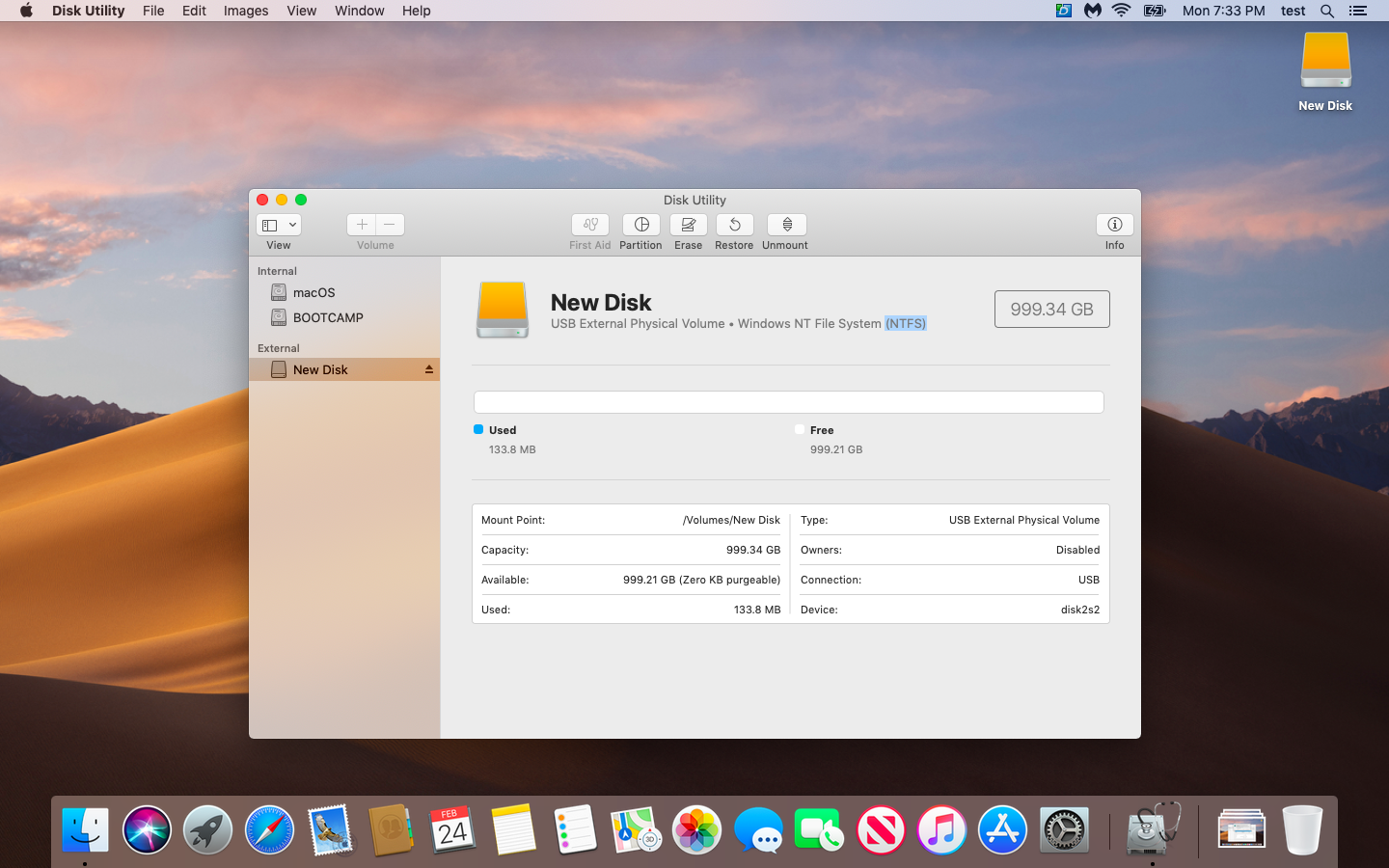 A screenshot of the new USB HDD selected in Disk Utility