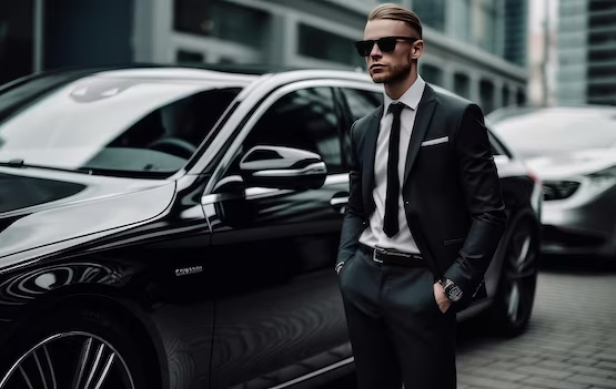 A man in a suit and tie is standing next to a car.
