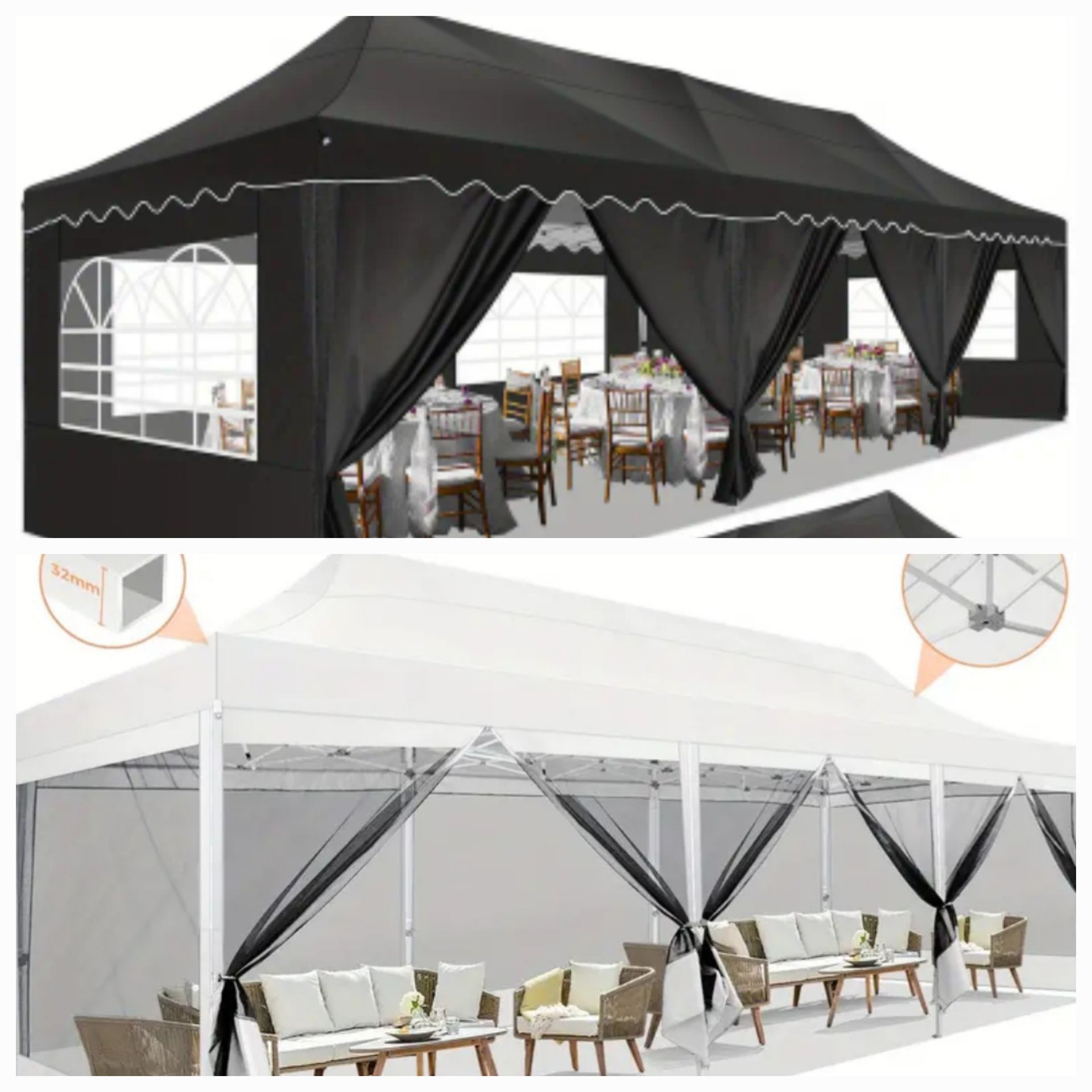 A white tent with tables underneath it in a park