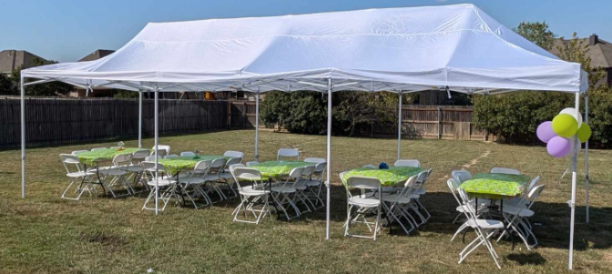 Tents, tables and chairs.