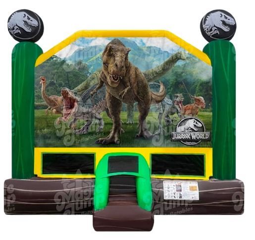 Sports arena Jurassic World-themed inflatable bounce house featuring dinosaurs, with green and gray details.