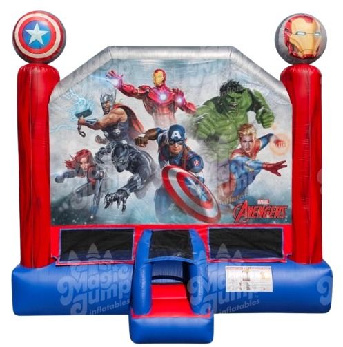 Marvel Avengers Bounce House Avengers-themed inflatable bounce house with superhero graphics; red, blue, and white colors.