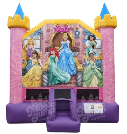 Fairy cottage Pink princess-themed inflatable bounce house with several Disney princess graphics.