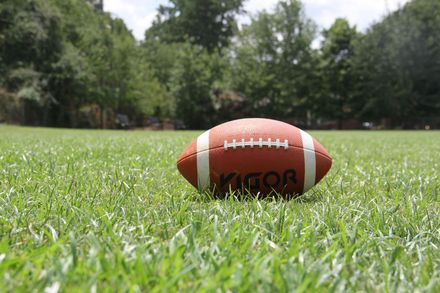 Football resting on green grass field, with trees in the background.