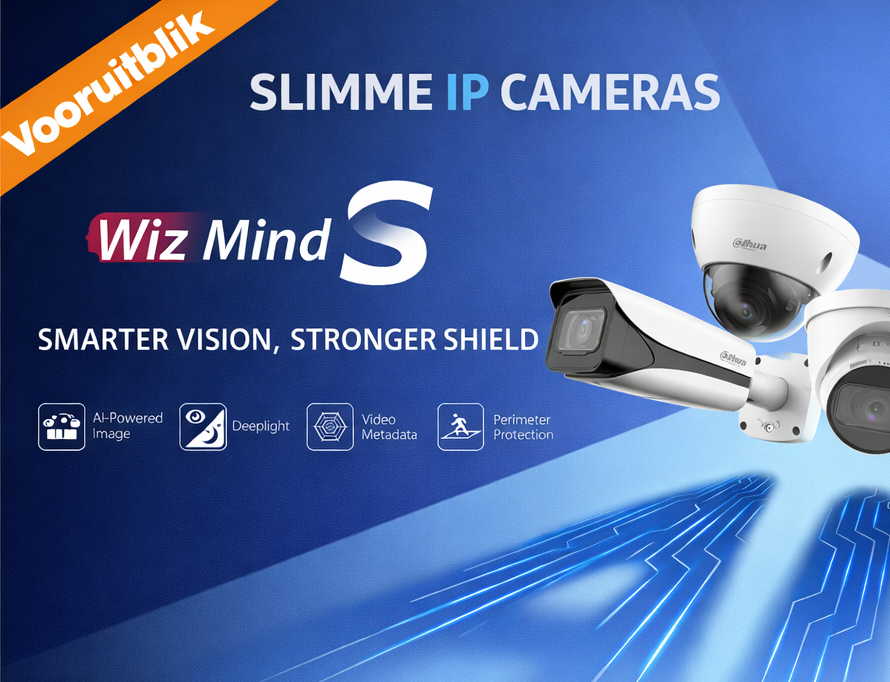 Promotieafbeelding voor WizMind S slimme IP-camera's, met witte bewakingscamera's tegen een blauwe, technisch ogende achtergrond.