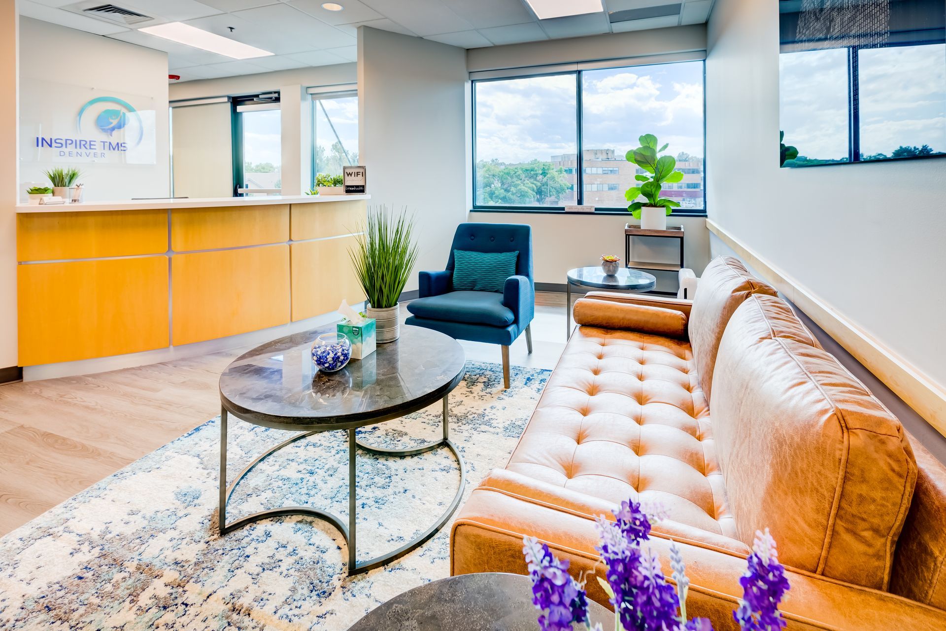 A medical professional in blue scrubs places a device on a patient's head. Inside a medical office by a window.