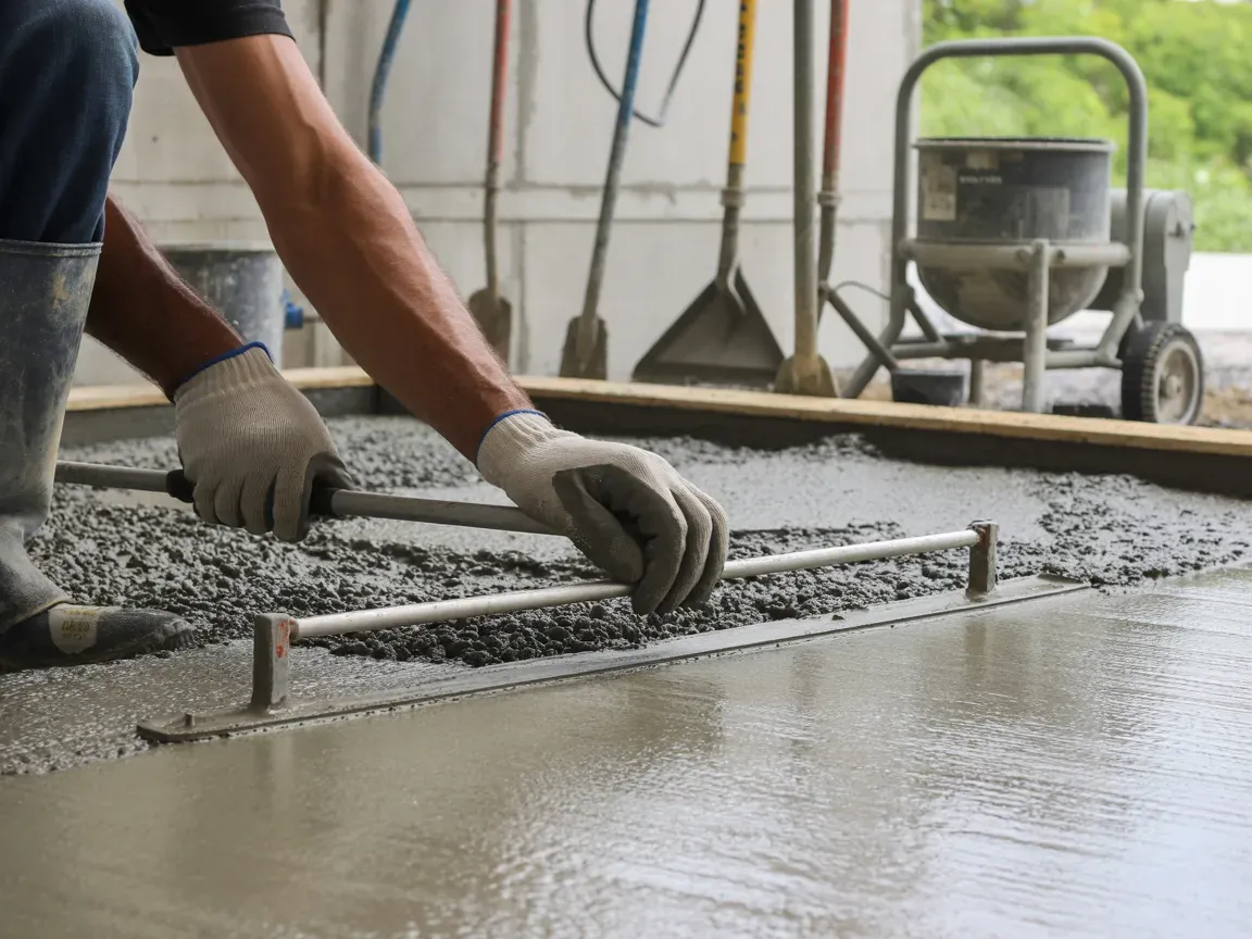 Person using a screed to level wet concrete in an outdoor setting, with tools and equipment in background.