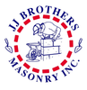 JJ Brothers Masonry Inc. logo: Mason working on brick wall, surrounded by text and tools, with a dashed red circle.