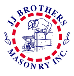 JJ Brothers Masonry Inc. logo: Mason working on brick wall, surrounded by text and tools, with a dashed red circle.
